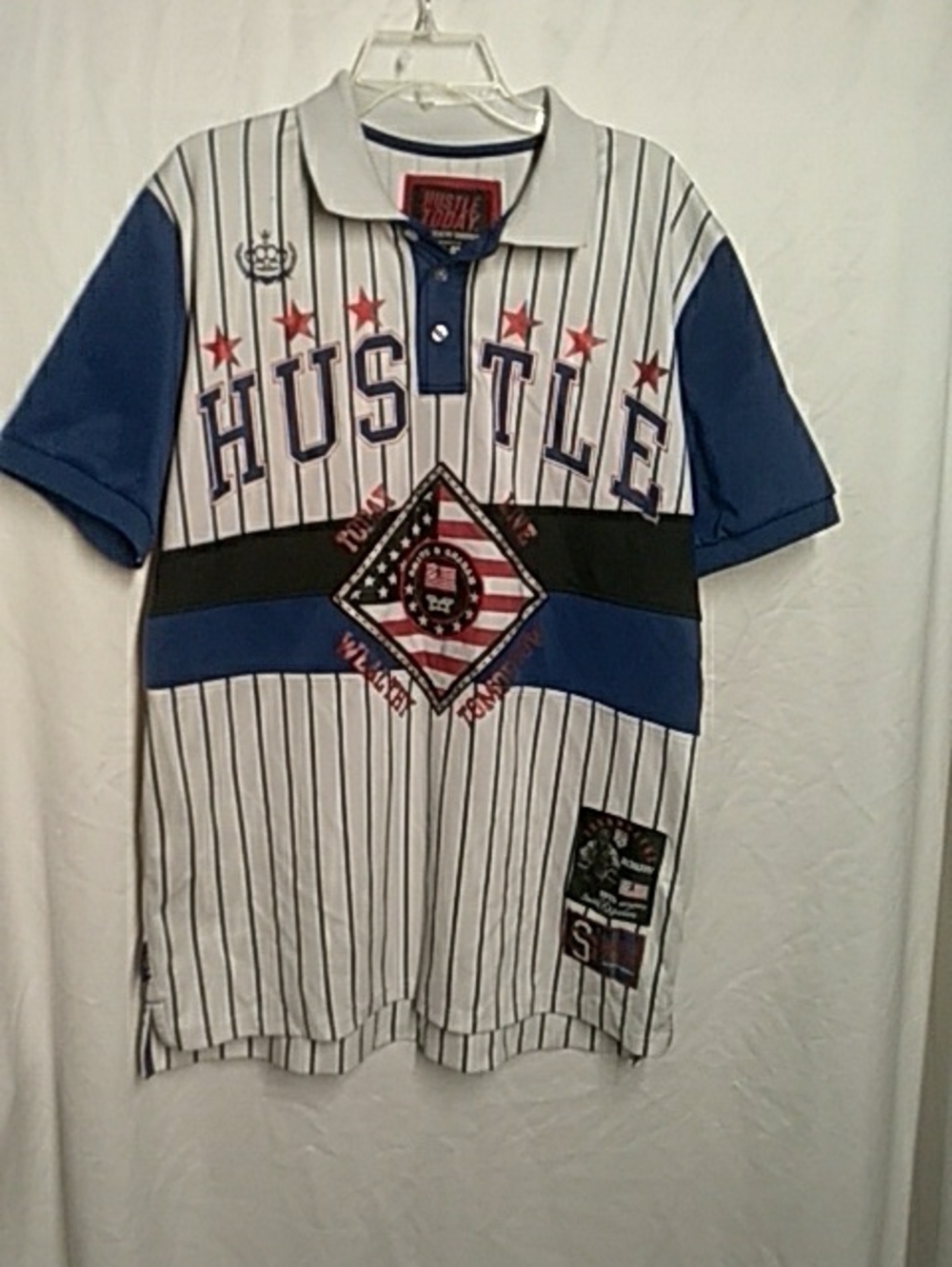 HUSTLE Varsity Stripe Polo Shirt - Blue, White, Black